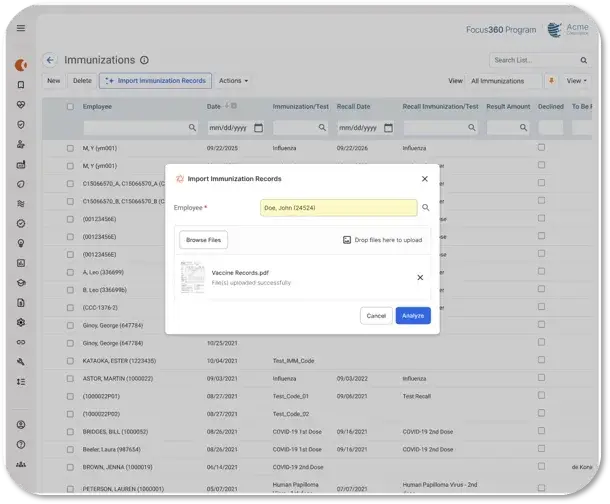 Cortex AI Vaccination Record Scanning Agent interface showing the Import Immunization Records dialog alongside a digital immunization records table with employee vaccination data.