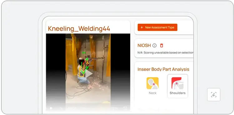 A worker kneels and welds metal in an industrial setting, with green lines marking body posture. Powered by AI for workplace safety, the screen displays “Kneeling_Welding44” along with assessment options and body part analysis for neck and shoulders.