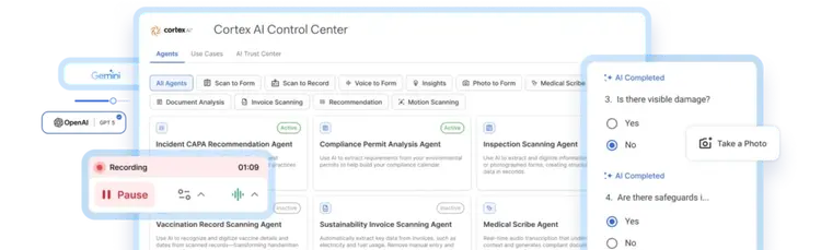 Screenshot of the Cortex AI Control Center highlights different AI agents, including options for investigation, form filling, and scanning—showcasing how ai for workplace safety can streamline reporting with audio recordings and photo prompts for visible damage.