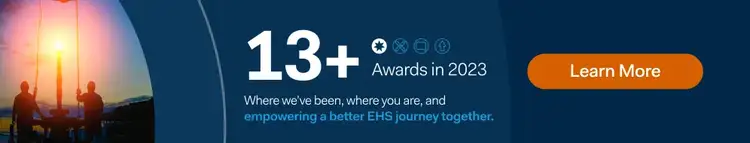 Two people at sunset with text highlighting 13+ Awards in 2023 and our EHS Product Roadmap—discover more by clicking Learn More on the orange button.