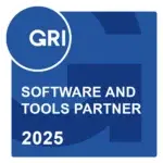 Blue badge with GRI SOFTWARE AND TOOLS PARTNER 2025 in bold white text, highlighting expertise in ESG Reporting Frameworks and ESG Standards.