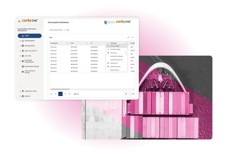 Screenshot of a dashboard showing fuel consumption data and charts, overlaid on a pink-tinted aerial photo of a cargo ship with stacked shipping containers—highlighting U.S. sustainability and ESG insights in maritime operations.