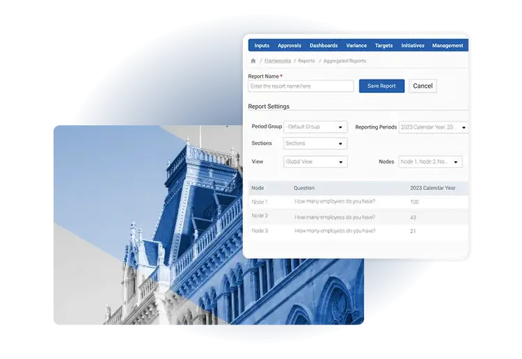 A web interface displays a report settings form with fields for report name, period group, reporting period, sections, view, and nodes—ideal for tracking compliance like AS9100 vs ISO 9001. A blue-tinted historic building photo appears in the background.