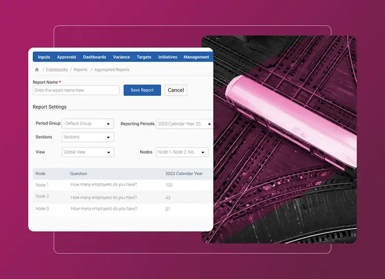 A digital dashboard comparing esg vs csr for reporting company data is overlaid on a pink-tinted aerial photo of train tracks and a train, set against a gradient magenta background.