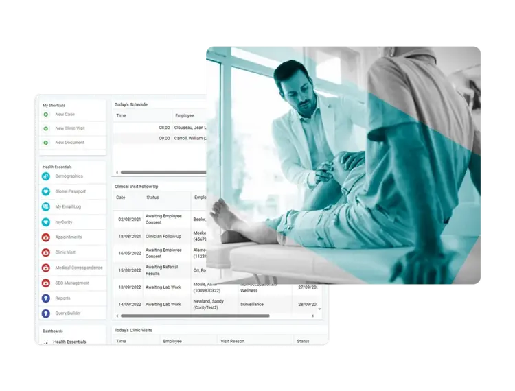 A doctor examines a patient’s arm in a medical office. On the left, a computer screen displays a medical dashboard with sections like demographics, clinic visits, health essentials, and results from health risk assessments.