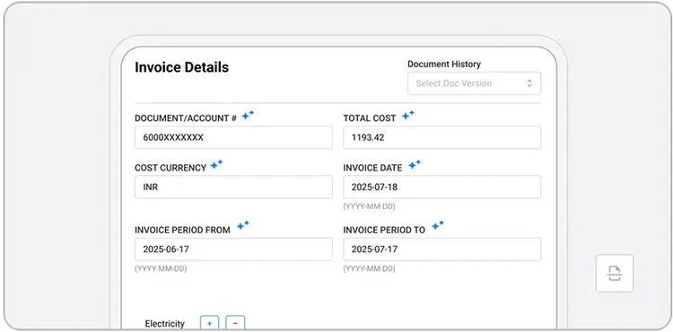 A digital form titled Invoice Details displays fields like document number, total cost, currency, invoice date, and period—with a dropdown for document version history. Some details are filled with sample data to support AI in sustainability reporting processes.
