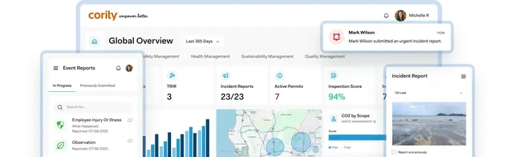Cority EHS software dashboard showing incident, permit, inspection, and emissions metrics.