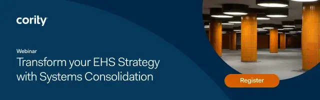 Cority webinar ad: Transform your EHS Strategy with EHS IT consolidation, featuring orange columns and a register button.