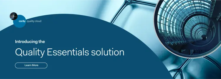 Blue banner with text: Introducing the Quality Essentials solution for effective Quality Management. Circular window image on the right.