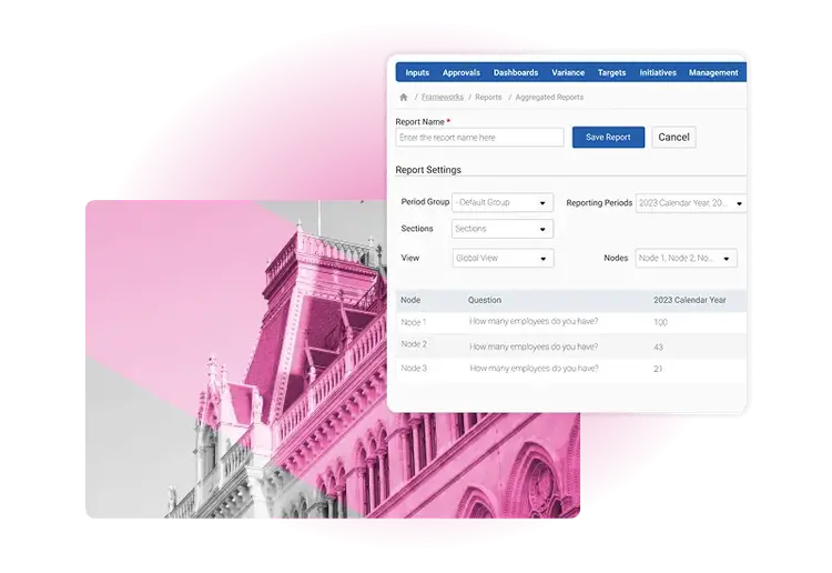 A computer interface displays an XBRL CSRD report settings panel with options for period group, reporting period, view, and nodes. In the background, a pink-tinted image of a historic building with a tall clock tower is visible.