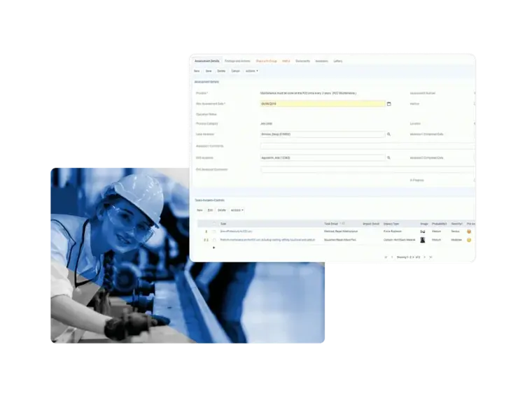 A woman wearing a hard hat and safety glasses smiles at a worksite; above her is a screenshot of risk management software displaying fields for assessment details and actions.