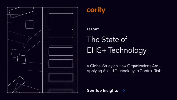 A dark-themed graphic features Cority at the top, titled The State of EHS+ Technology. It highlights a global study on how organizations use EHS software to control risk, with a See Top Insights link.