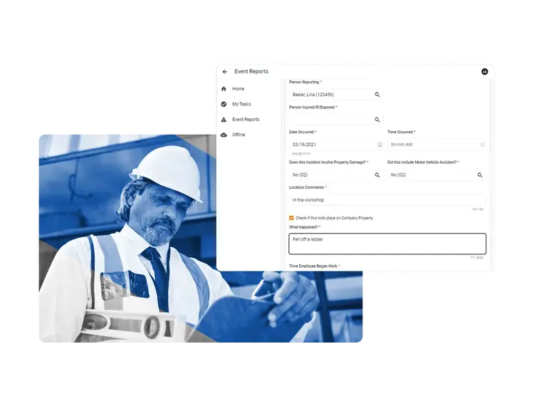 A construction worker wearing a white hard hat and safety vest looks down at a clipboard. Overlaid is an EHS Incident Reporting Software interface detailing a digital workplace accident report.