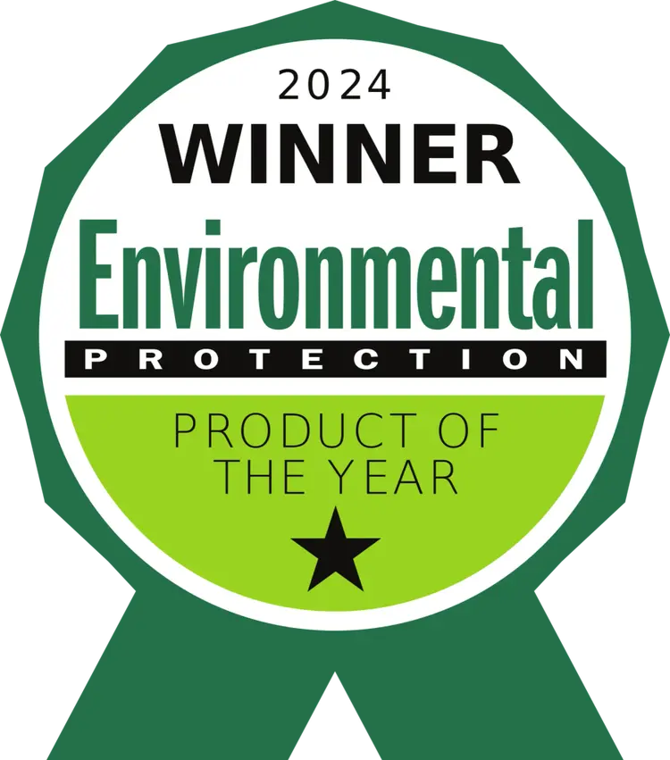 A green and white ribbon badge reads: 2024 Winner Environmental Protection Product of the Year with a black star below the text.