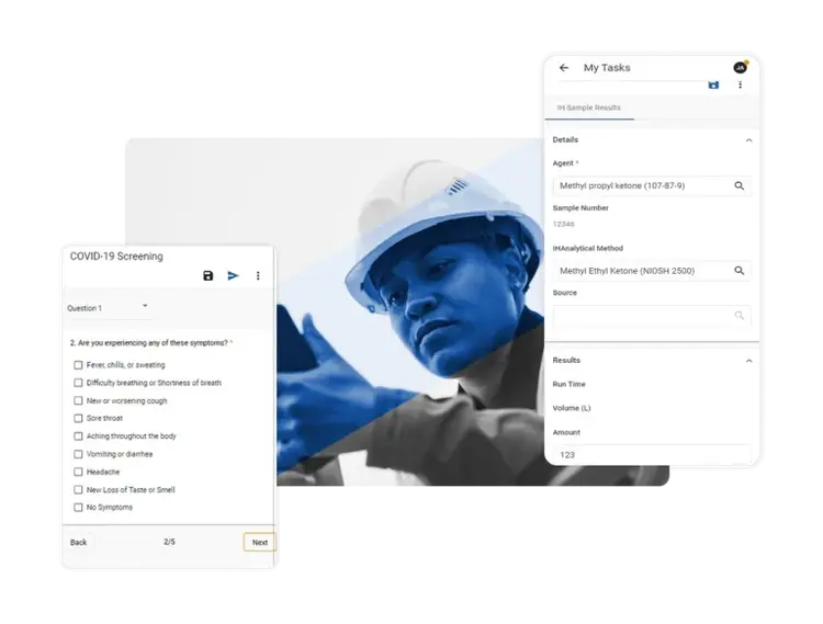 A digital interface powered by Mobile EHS Software displays a COVID-19 screening questionnaire and chemical test results, overlaid on a blue-toned image of a person in a hard hat and safety gear inspecting equipment.