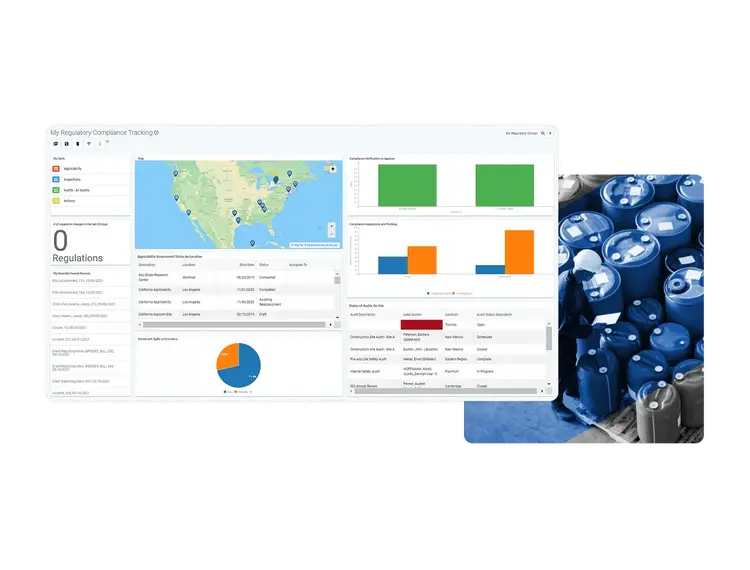 A computer dashboard showcases EHS Compliance Management tracking with maps, charts, tables, and graphs. To the right, a photo of stacked blue industrial barrels emphasizes safety and regulation in industrial settings.