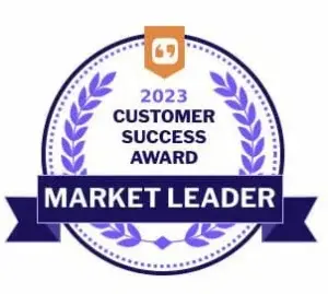 A circular badge with laurel leaves reads 2023 Customer Success Award and Market Leader in bold white letters on a dark blue ribbon. An orange quote icon is at the top center of the badge.