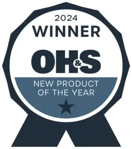A circular badge with a ribbon that reads 2024 Winner OH&S New Product of the Year, featuring a star at the bottom and highlighting Cority EHS software.