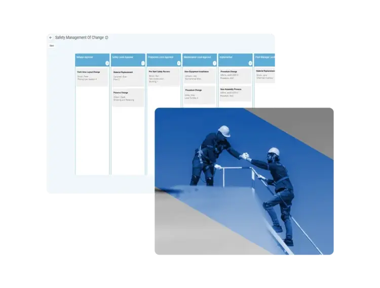 A digital dashboard displays a safety management workflow, overlaid with an image of two construction workers in safety gear, one helping the other climb a structure—showcasing seamless integration with management of change software.