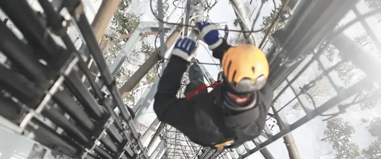 A worker wearing a yellow helmet and safety gear climbs a tall communications tower, gripping metal rungs beside large cables, with a snowy landscape visible below.