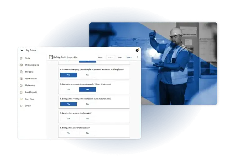 A split-screen image shows a digital safety audit inspection form powered by Industrial Hygiene Software on the left and a construction worker in safety gear inspecting a site with a clipboard on the right.