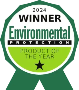 A green and white ribbon badge reads: 2024 Winner Environmental Protection Product of the Year with a black star below the text.