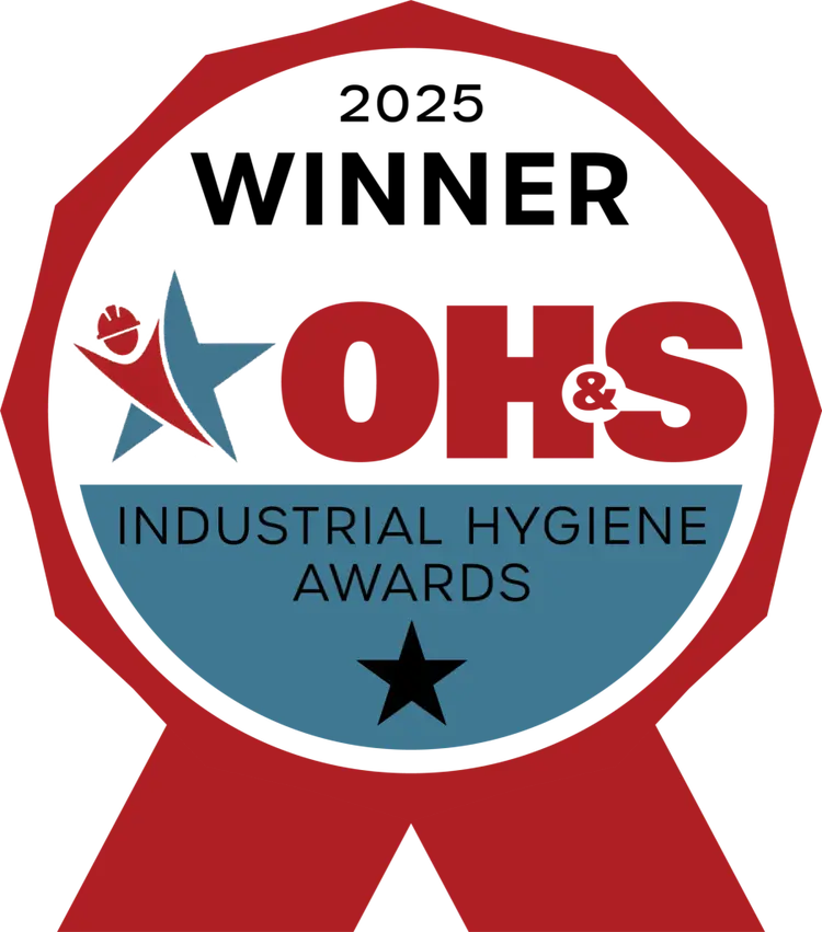 A red and blue ribbon badge displaying 2025 WINNER OH&S Industrial Hygiene Awards with a star, abstract figure design, and recognition for excellence in risk management software.