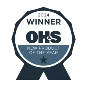Circular badge reading 2024 Winner OH&S New Product of the Year with a star at the bottom, celebrating an occupational health safety award.