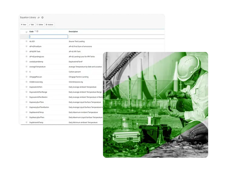 Screenshot of an equation library table with codes and descriptions overlaid by a green-tinted photo of an engineer in protective gear working outdoors with equipment, showcasing features of advanced water management software.