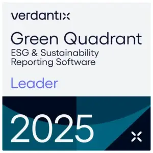A badge reading verdantix Green Quadrant ESG & Sustainability Reporting Software Leader 2025 with geometric patterns in dark blue and teal at the bottom.