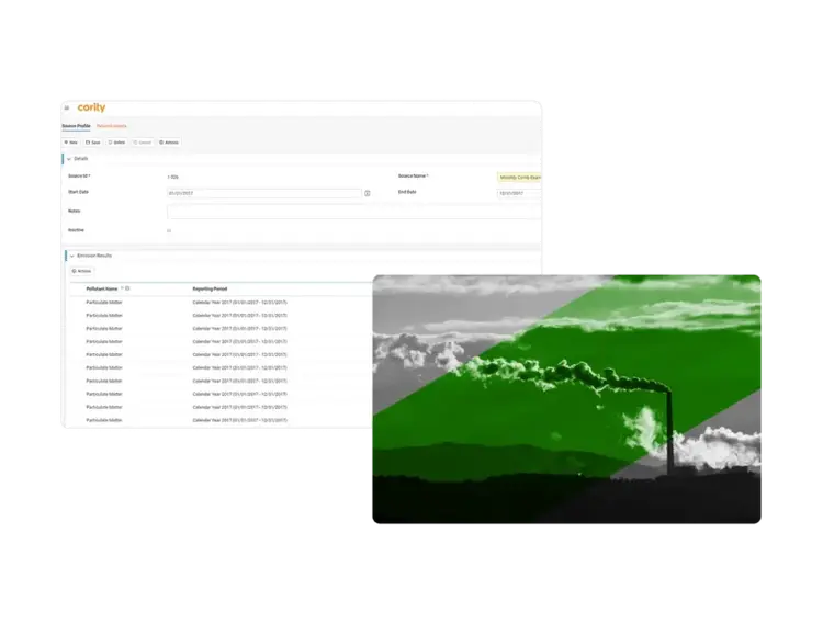 A screenshot of an air emissions management software solution interface with emission tracking data is overlaid on an image of industrial smokestacks emitting smoke, highlighted with a green filter.