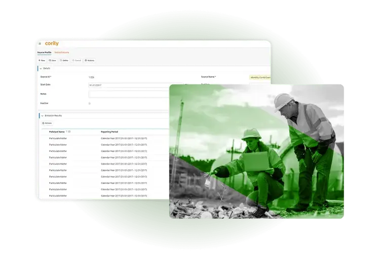 A digital dashboard powered by Industrial Hygiene Software presents data and reporting fields, overlapping with a green-tinted photo of two construction workers at a worksite—one using a laptop, the other reviewing documents.