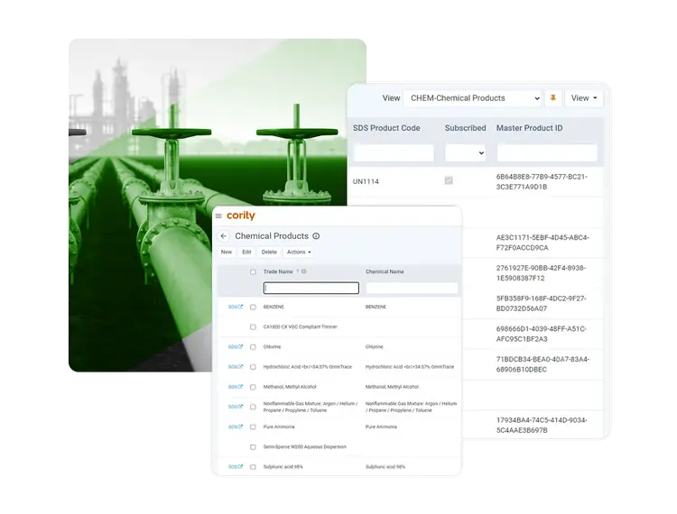 A digital collage featuring a green-tinted pipeline facility in the background with overlapping software interface screens displaying chemical product details and identification codes from advanced chemical management software.
