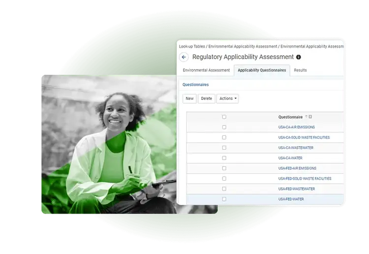 A smiling person sits outdoors writing in a notebook, overlaid with a green filter. Next to them is a screenshot of industrial hygiene software displaying a list of regulatory applicability assessment questionnaires.