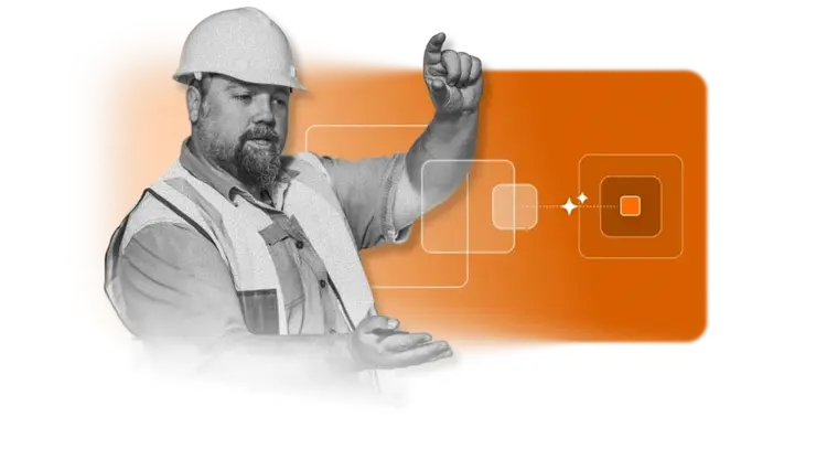 Un ouvrier du bâtiment portant un casque et un gilet de sécurité fait des gestes des mains devant un rectangle orange orné d'icônes abstraites d'organigramme, suggérant la planification ou la visualisation de processus via une plateforme logicielle EHS.
