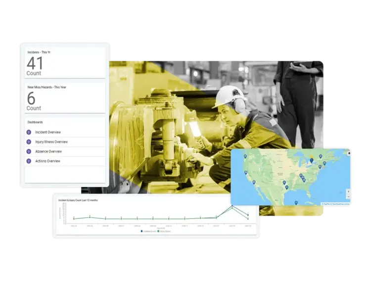Collage produit : ouvrier inspectant une machine, statistiques d'incidents, carte de localisation des incidents, graphique de tendance des blessures et tableau de bord d'analyse de la sécurité