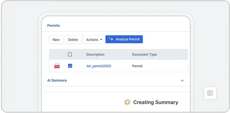 Une interface numérique enrichie par l'IA pour l'EHS affiche un tableau de permis avec des options pour créer, supprimer ou analyser un permis. Une ligne indique Air_permit2025 comme document de permis PDF. Une partie d'une section Création de résumé est visible en dessous.