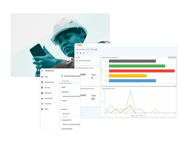 A construction worker wearing a hard hat uses a smartphone. Overlaid are screenshots of Vaccination Management Software dashboards displaying vaccination and testing records, charts, graphs, and easy-to-navigate menus.