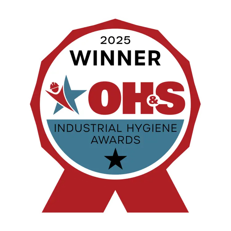 A circular red and blue badge reads 2025 Winner OH&S Industrial Hygiene Awards with a star and ribbon design, highlighting achievement in Industrial Ergonomics.