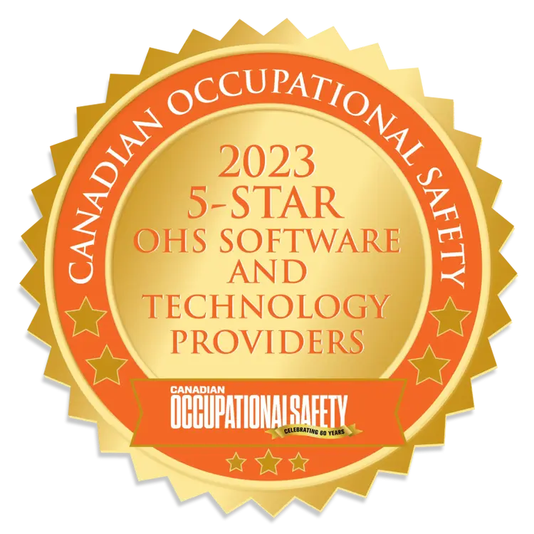 A gold badge with orange trim reads 2023 5-Star OHS Software and Technology Providers and Canadian Occupational Safety around the edge, celebrating 60 years of partnership in safety excellence.