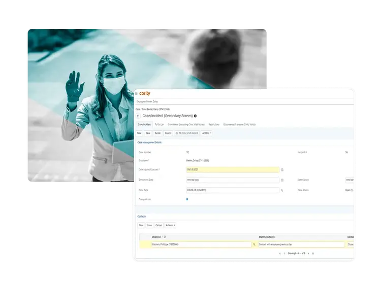 A woman wearing a mask and gloves waves outdoors; overlaid is a computer screen showing a Pandemic Software case incident report form with fields for case management details.