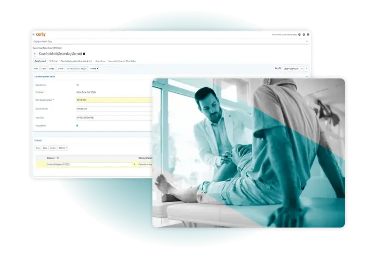 A digital interface displays patient data next to a photo of a healthcare professional examining a patient’s knee in a clinical setting, showcasing the integration of Industial Hygiene Software with personalized, in-person medical care.