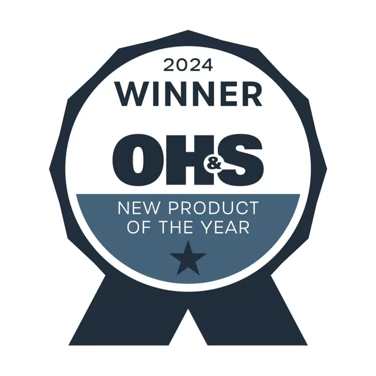 Circular badge reading 2024 Winner OH&S New Product of the Year with a star at the bottom, celebrating an occupational health safety award.