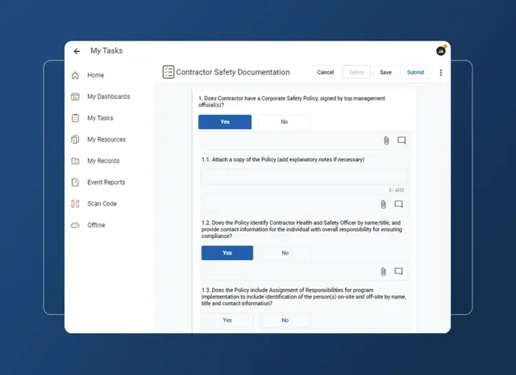 A digital form titled Contractor Safety Documentation, designed for the construction industry, is displayed on a computer screen with yes/no questions, text fields, an accordion section for easy navigation, and options to save, delete, or submit at the top.