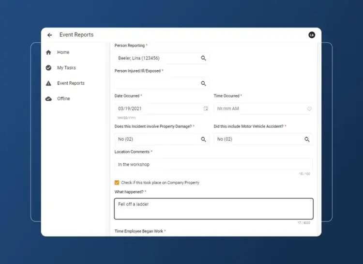 A digital event report form on a computer screen for the aerospace industry, with fields for incident details and an accordion section for expandable information. Navigation menu is on the left.