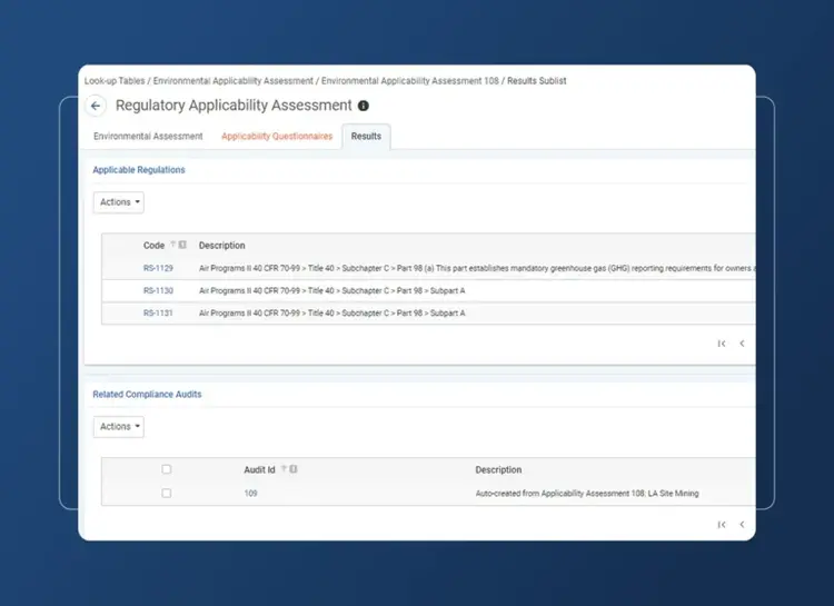 A Regulatory Applicability Assessment webpage designed for the aerospace industry displays tabs for Environmental Assessment, Applicability Questionnaires, and Results, with regulations and compliance audits neatly organized in accordion sections.