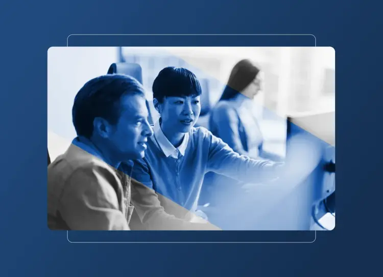 Two people sit at a desk, looking at a computer monitor—possibly reviewing an accordion section related to the pharma industry—while another stands in the background. The image features a blue overlay and rounded rectangular borders.