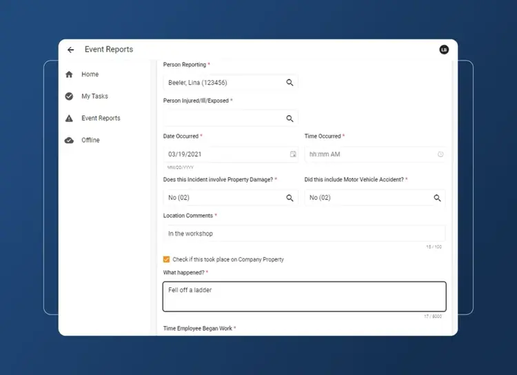 A digital form titled Event Reports is displayed with fields for person reporting, person injured, date, time, location, and incident details. In the Retail Industry version, an Accordion Section expands to show “Fell off a ladder” under “What happened?”.