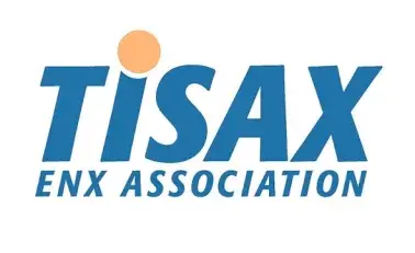 TISAX ENX Association logo with TISAX in large blue letters, featuring an orange dot above the I, ENX ASSOCIATION in smaller blue text below, and a subtle reference to EHS software by Cority.