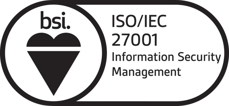Black and white logo with a heart-shaped symbol and the text: bsi. ISO/IEC 27001 Information Security Management inside a rounded rectangular border.